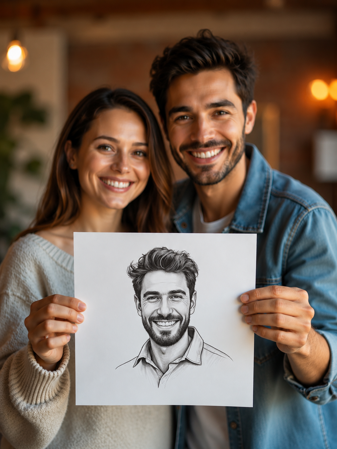 Two people holding up a pencil portrait, shown as an illustration of the printed format.