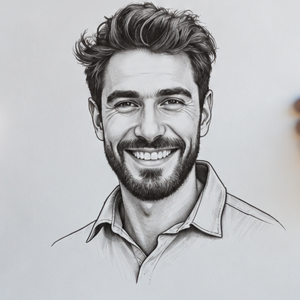 A pencil-style portrait of a man, the kind of drawing the quiz produces.